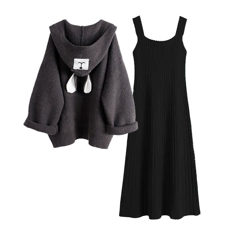 Bear Ears Hooded Cardigan Sweater Slip Dress Set modakawa