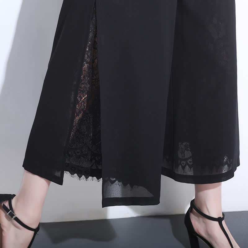 Elegant Black Lace Stitching Wide Leg Pants modakawa