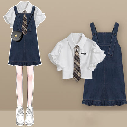 Pocket Lapel Tie T-Shirt Denim Overall Dress Set modakawa