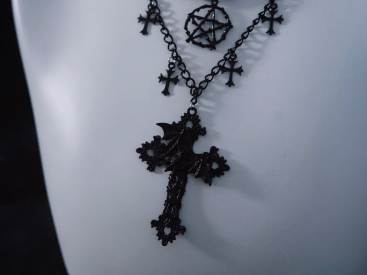 Pentagram Cross Pendant Black Triple Layered Necklace mySite