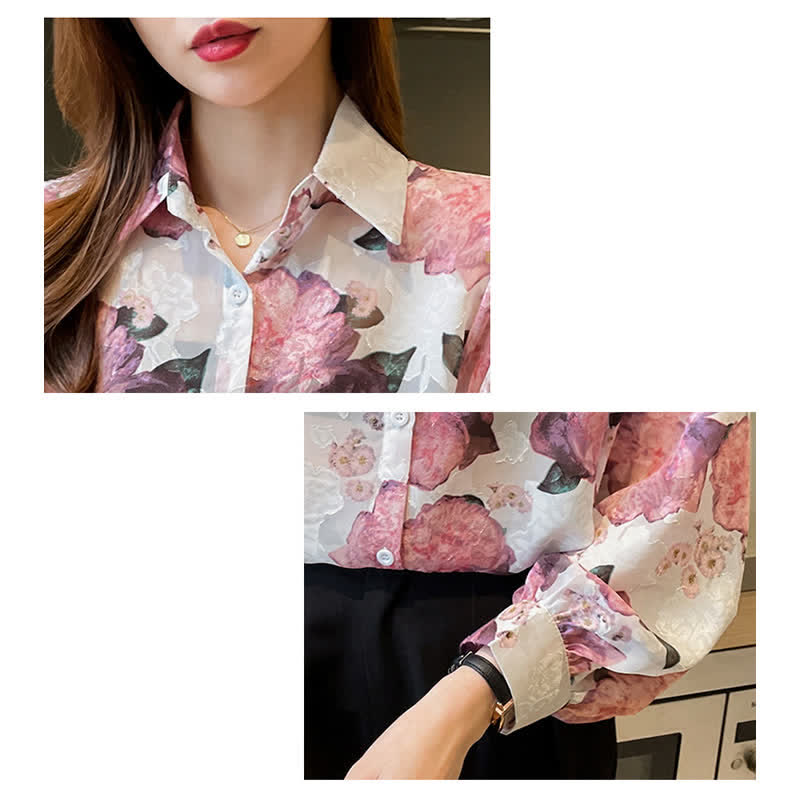 Pink Floral Embroidery Puff Sleeve Chiffon Shirt Workwear modakawa