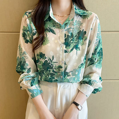 Green Floral Print Puff Sleeve Chiffon Shirt modakawa