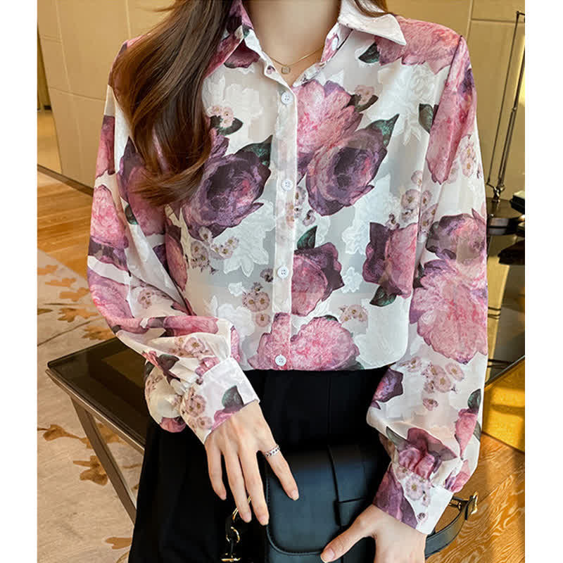 Pink Floral Embroidery Puff Sleeve Chiffon Shirt Workwear modakawa