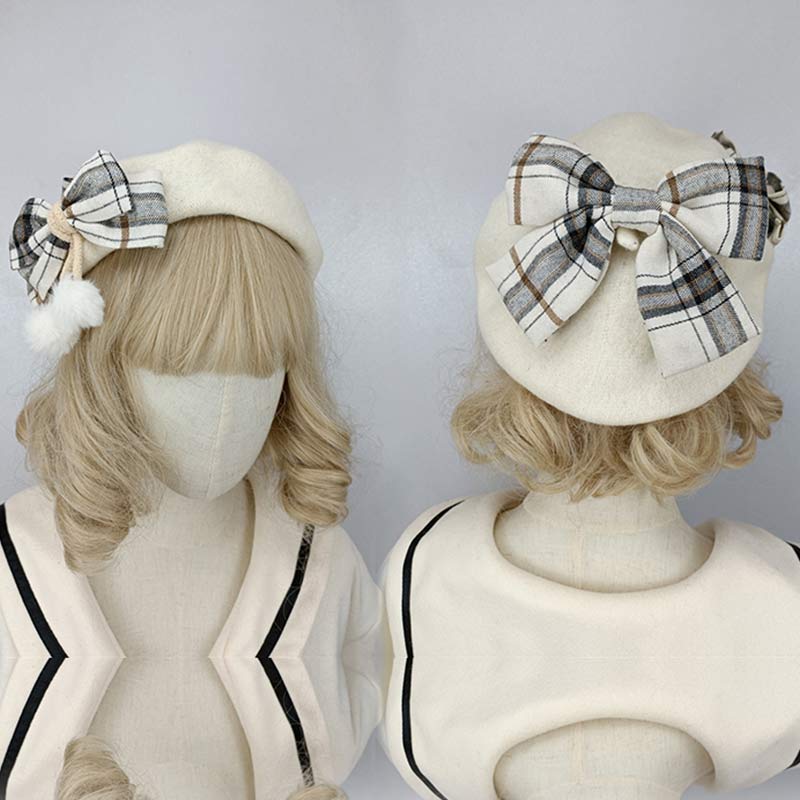 Vintage Bow Knot Plaid Lolita Beret modakawa