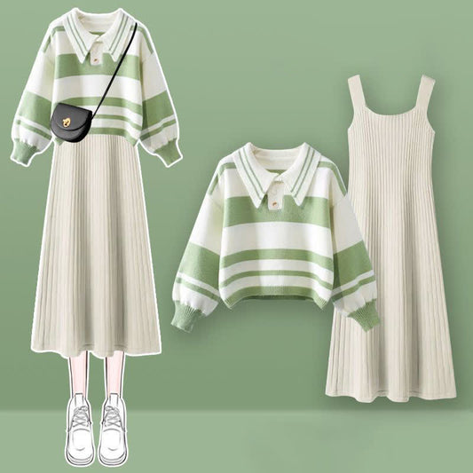 Stripe Green Colorblock Sweater Slip Dres Set modakawa