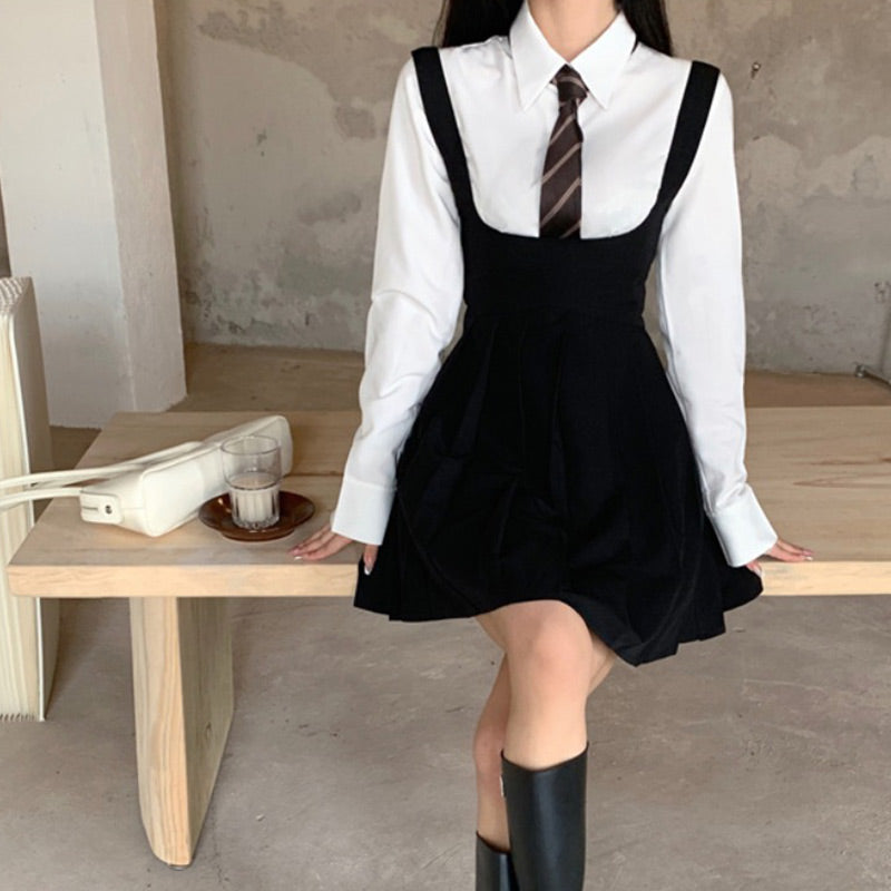 White Shirt Pleated Suspender Skirts Tie Set Modakawa