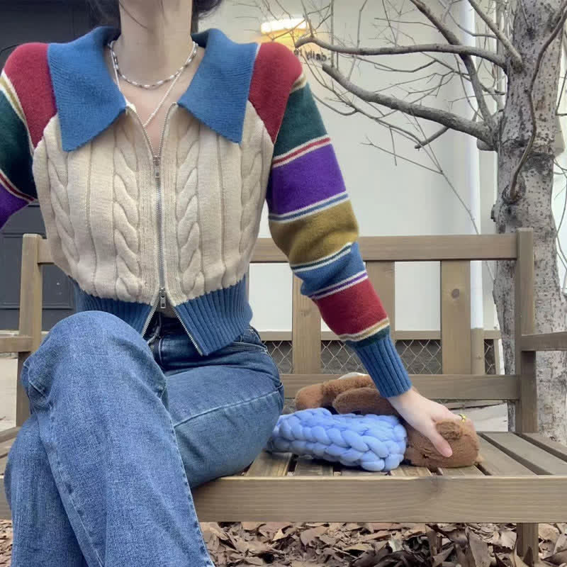 Colorblock Stripe Cardigan Sweater Pants Set modakawa