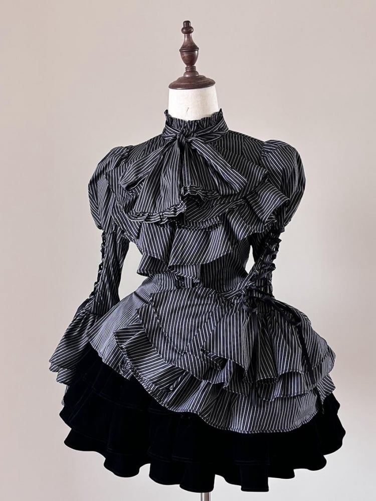 Black Collar Lace-up Lolita Long Sleeves Striped Shirt mySite