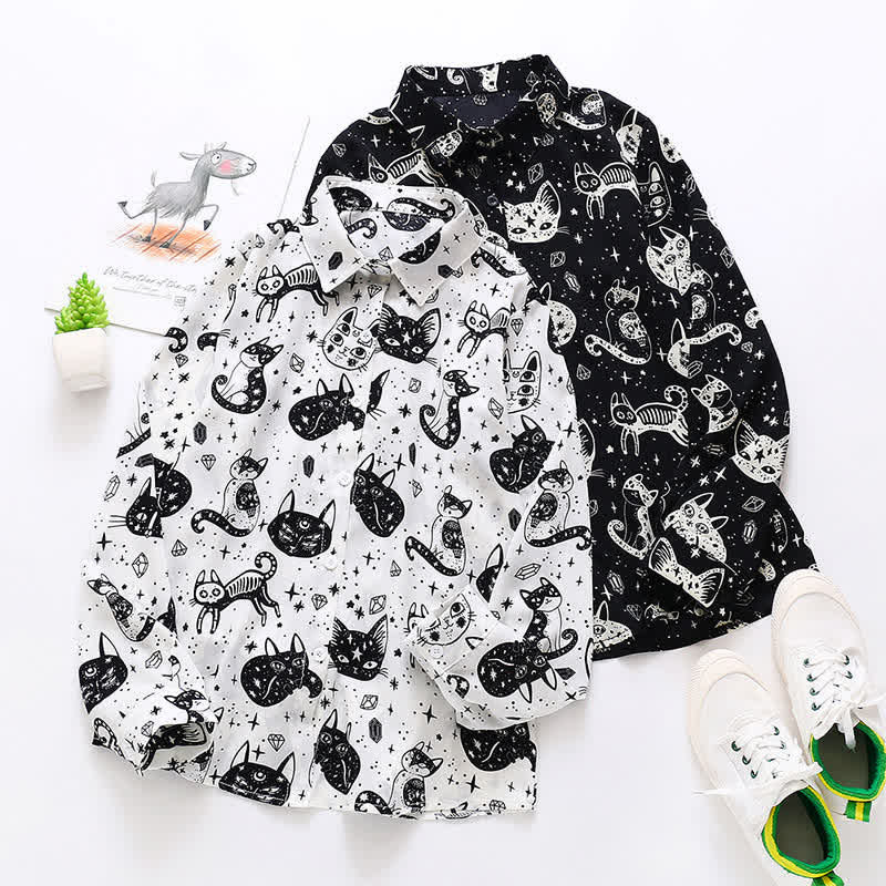 Black White Kitty Print Lapel Chiffon Shirt modakawa