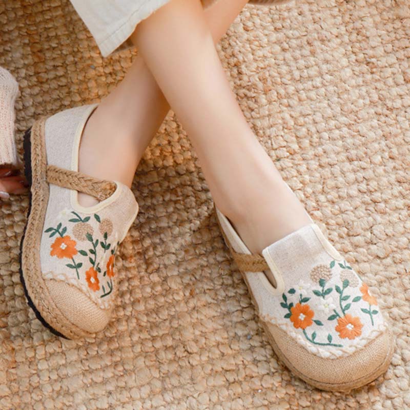 Vintage Floral Canvas Flats Shoes Modakawa