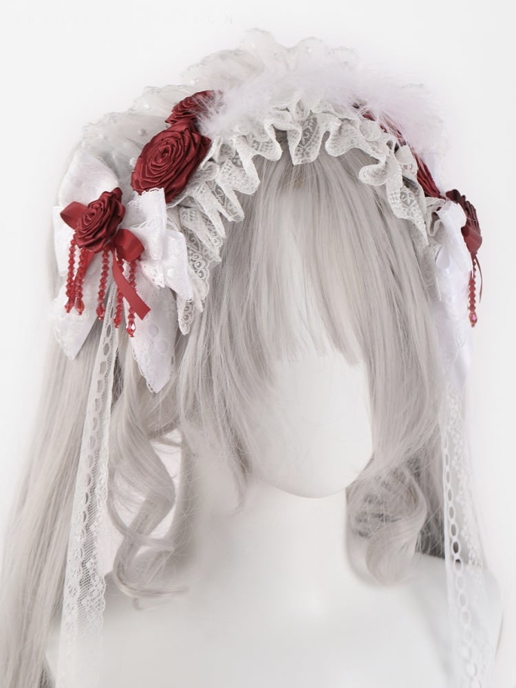 White Bowknots with Red Rosettes and Beads Hairband mySite