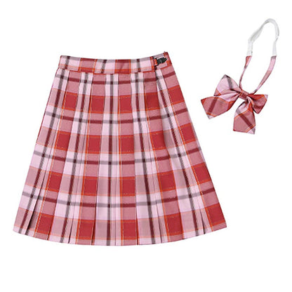 Plaid Print Pleated Skirt Bow Tie Set Modakawa