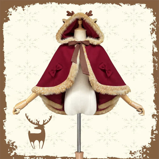 Cartoon Antler Plush Hooded Cloak Lolita Coat modakawa