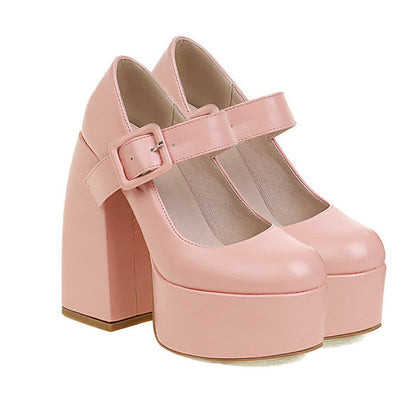 Pure Color Chunk High Heel Mary Janes Shoes modakawa