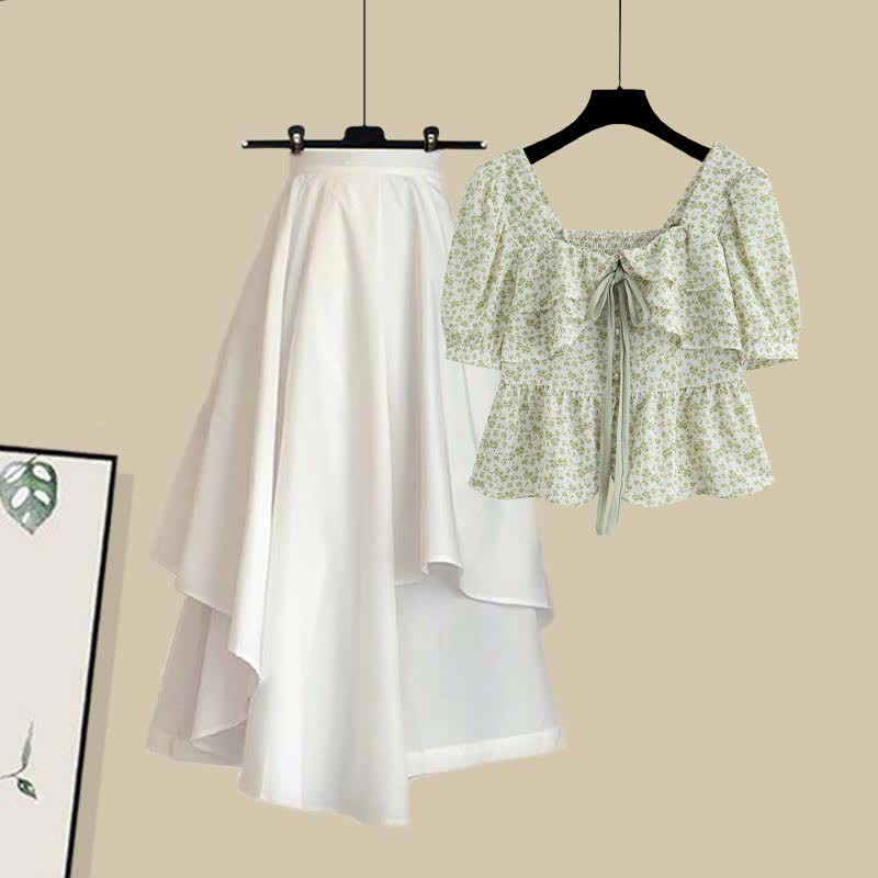 Green Floral Print T-Shirt Irregular Skirt Set modakawa