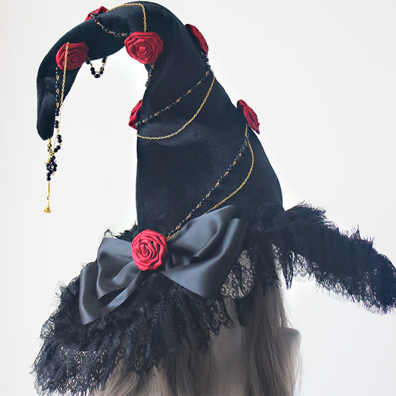 Black Witch Gothic Rose Decor Lace Hat modakawa