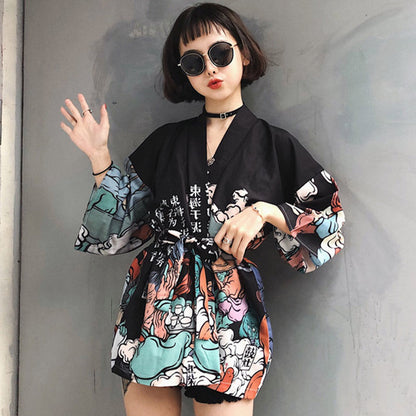 Cartoon Fire Print Casual Vintage Kimono Outerwear Modakawa