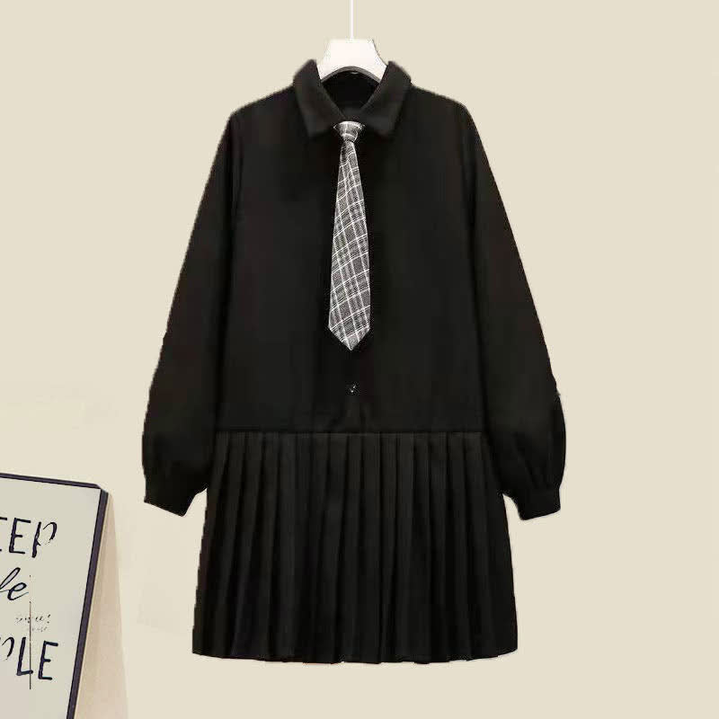 Lapel Tie Pleated Shirt Dress Rhombus Print Vest Set modakawa