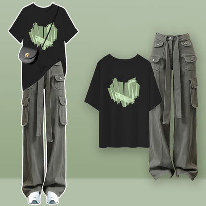 Love Heart Black T-Shirt Cargo Pants Set modakawa