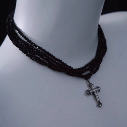 Silver Cross Pendant Black Multi Layers Necklace mySite