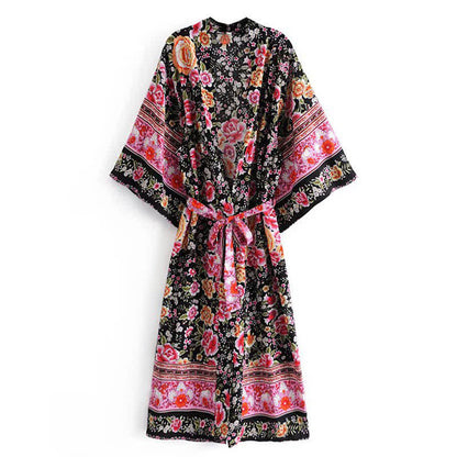 Boho Beach Print Belt Robe Long Cardigan Outerwear modakawa