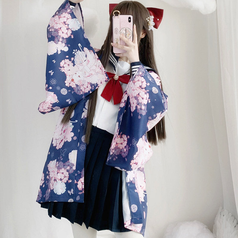 Cat Sakura Print Loose Cardigan Kimono Outerwear modakawa