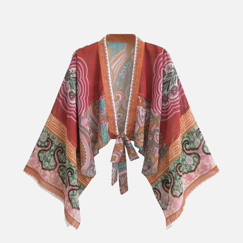 Boho Print Lace Up Cardigan Kimono Outerwear modakawa