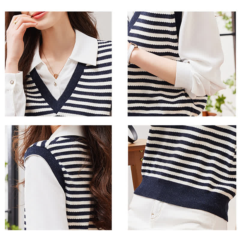 Stripe Fake Two Pieces Knit White Lapel Shirt SpreePicky