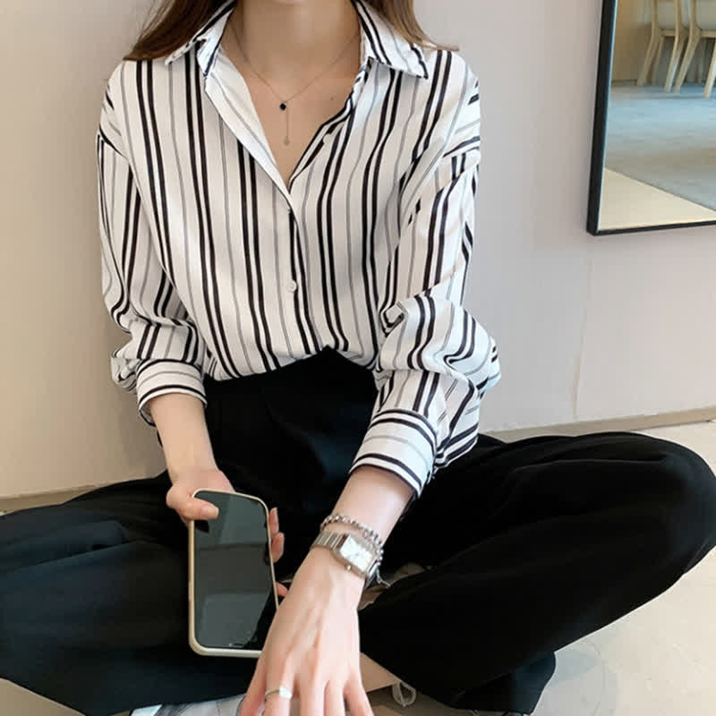 Stripe Print Long Sleeve Chiffon Shirt Workwear modakawa