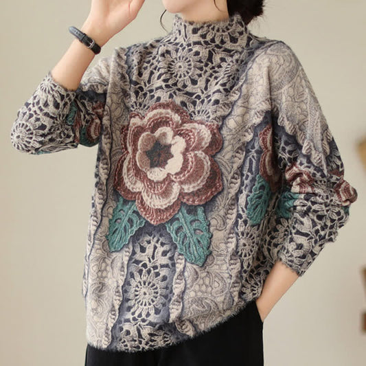 Retro Blossom Print Mock Tutleneck Sweater modakawa