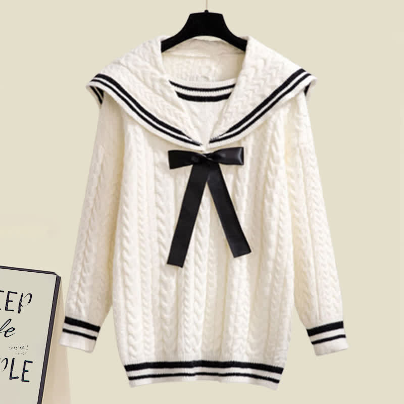 Sweet Sailor Collar Sweater Lattice Pleated Skirt Set Modakawa