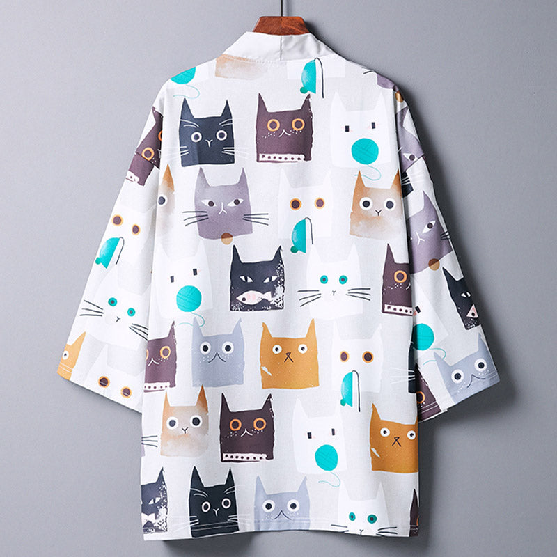 Cartoon White Cat Print Kimono Outerwear modakawa