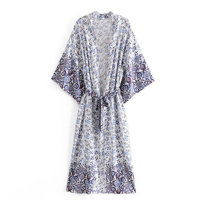 Boho Beach Print Belt Robe Long Cardigan Outerwear modakawa