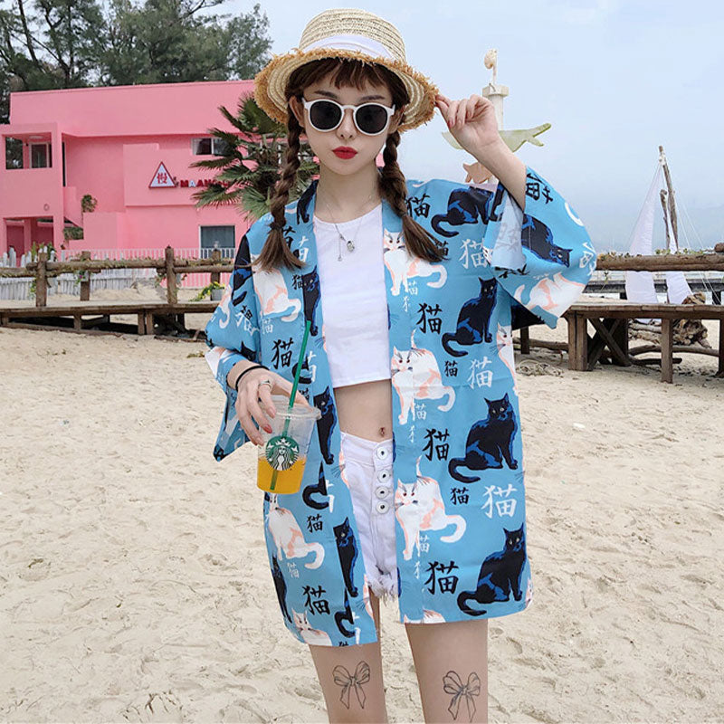 Cute Blue Cat Print Casual Kimono Outerwear Modakawa