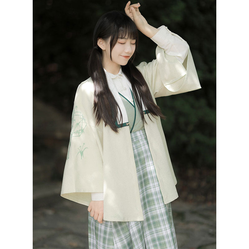 Sweet Bamboo Shirt Plaid Skirt Outerwear Set Modakawa