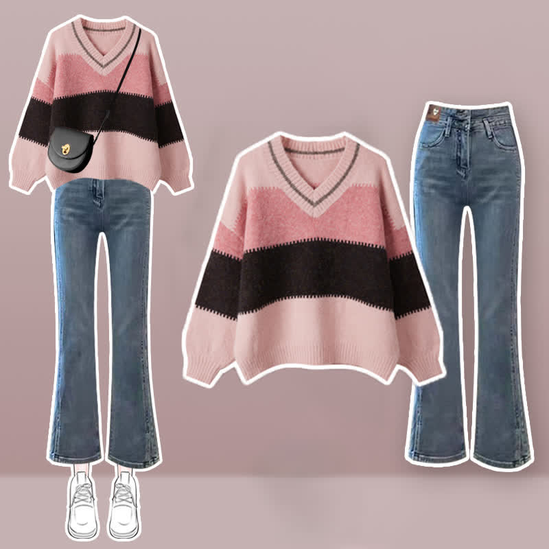 Sweet Stripe Sweater Casual Pants Set modakawa