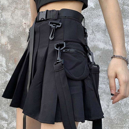 Chic Black Pocket Belted A-line Pleated Skirt Modakawa