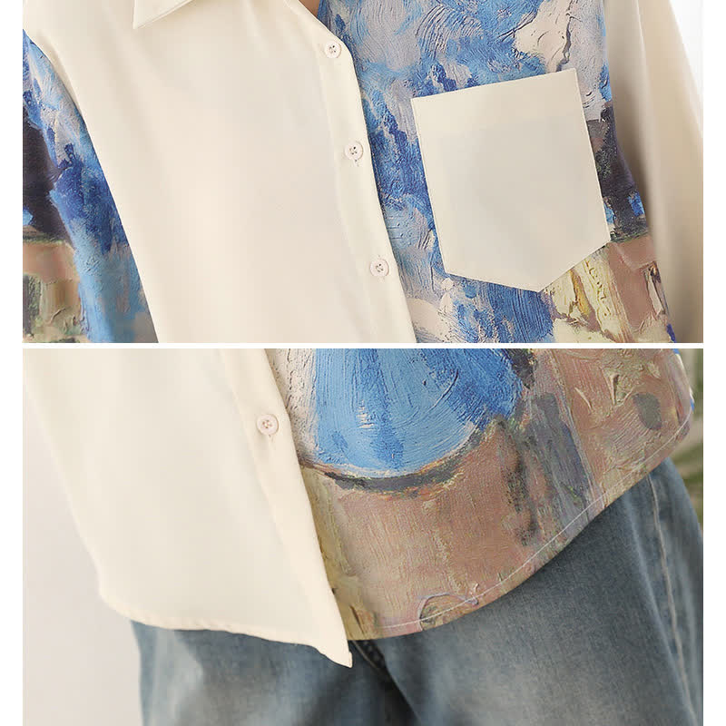 Irregular Printing Chiffon Pocket Lapel Shirt modakawa