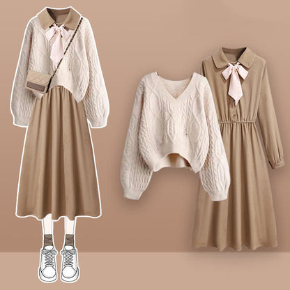 Elegant Cable Knit Sweater Lapel Long Sleeve Dress modakawa