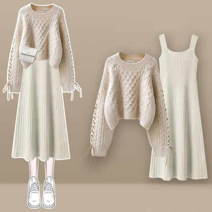 Sweet Cable Sweater Knit Slip Dress Set modakawa