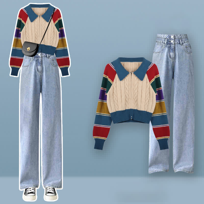 Colorblock Stripe Cardigan Sweater Pants Set modakawa