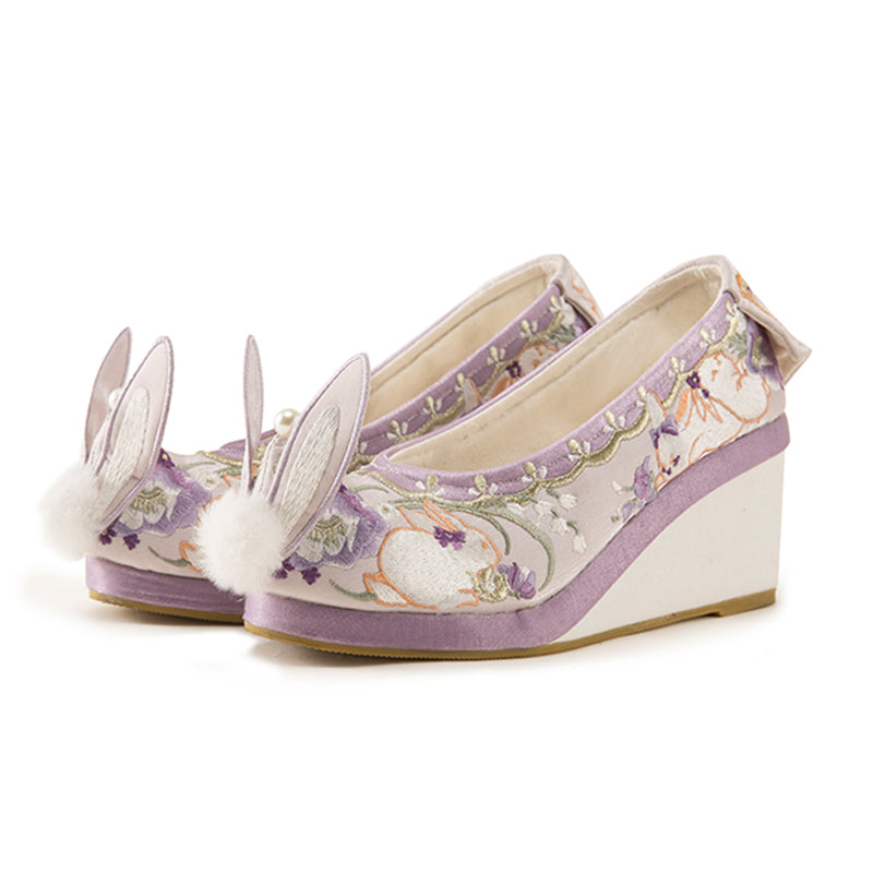 Cute Purple Bunny Fuzzy Ball Platform High Heels Shoes Modakawa