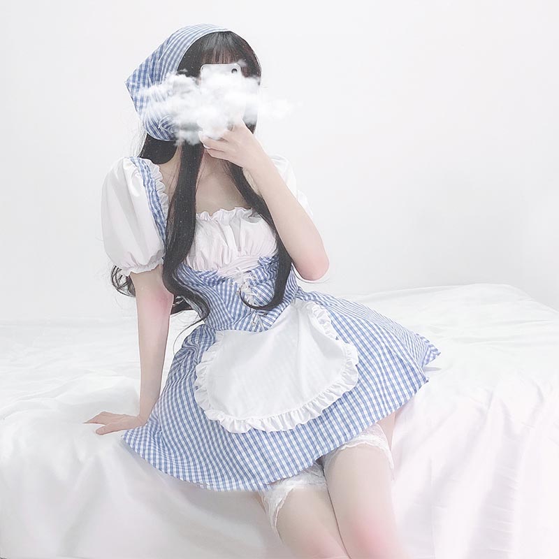 Sweet Kawaii Lattice Print Lace Up Maid Dress Modakawa