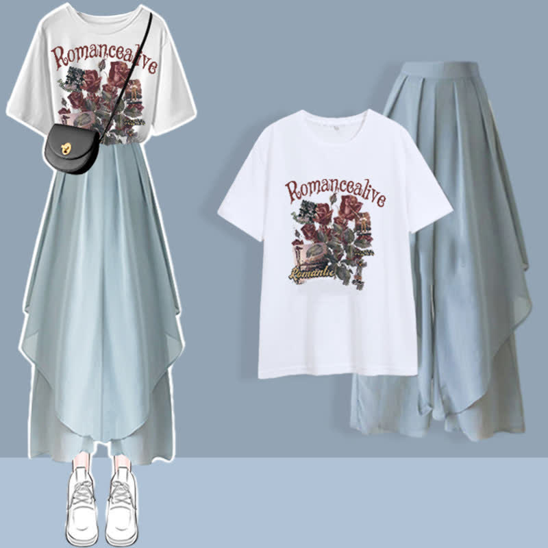 Summer Printed T-Shirt Blue Wide Leg Chiffon Pants Set modakawa