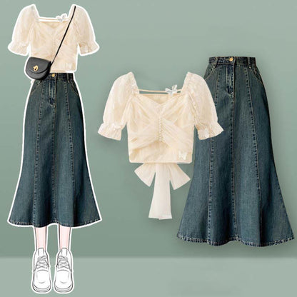 Bow Knot Butterfly Tulle Crop Top T-Shirt Fishtail Denim Skirt Set modakawa