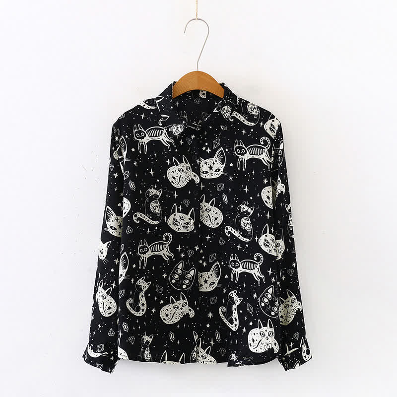 Black White Kitty Print Lapel Chiffon Shirt modakawa