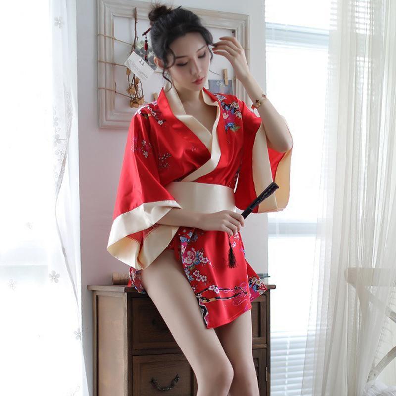 Charming Red Kimono Floral Cosplay Lingerie Dress Modakawa