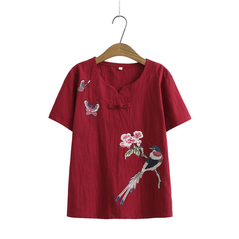 Vintage Bird Embroidery Buckle T-Shirt Pants Set modakawa