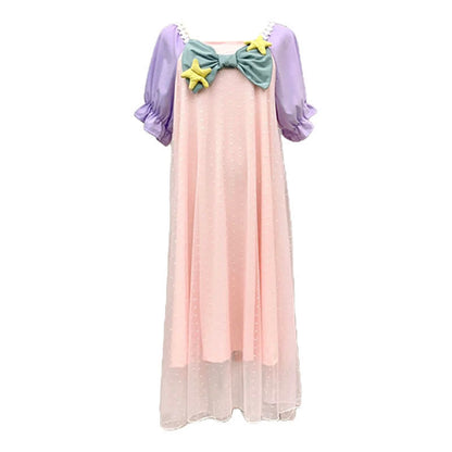 Square Collar Bowknot Mesh Mermaid Nightgown Pajamas Set modakawa