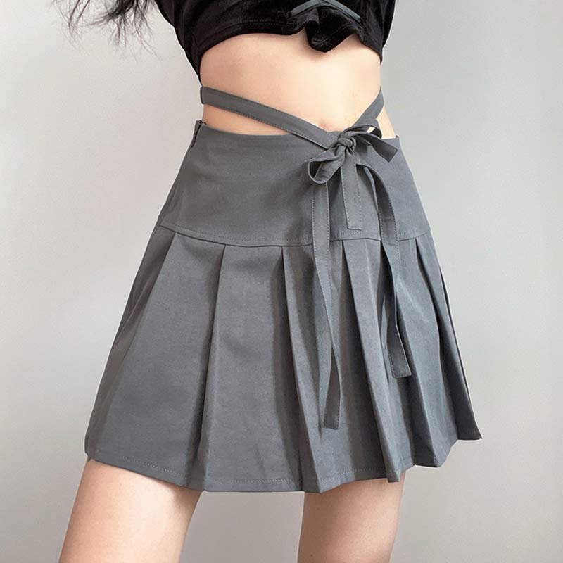 High Waist Lace Up Bow Pleated Skirt modakawa